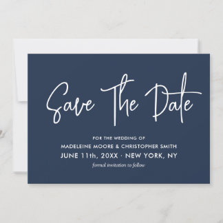 Navy Blue Modern Calligraphy Scannable QR Code Save The Date