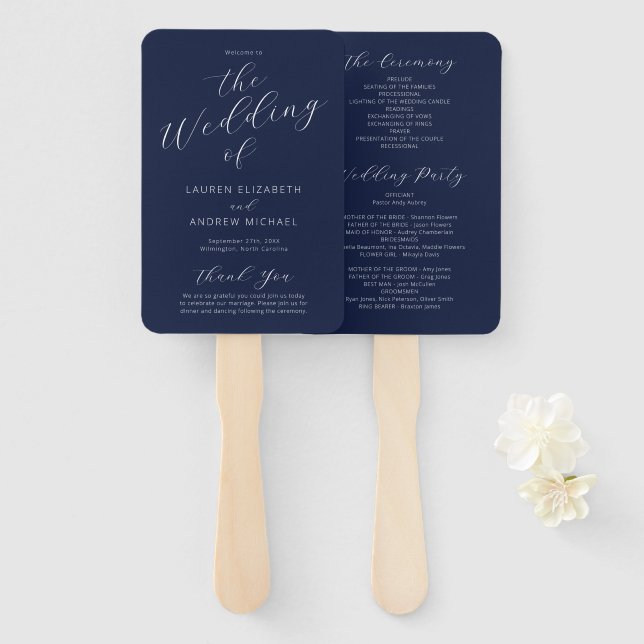 Navy Blue Modern Calligraphy Wedding Program Hand Fan (Front and Back)