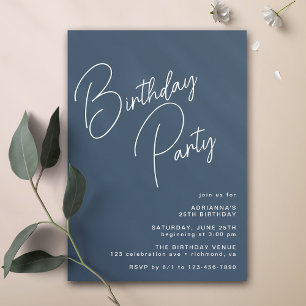 Navy Blue Modern Casual Script Typography Birthday Invitation