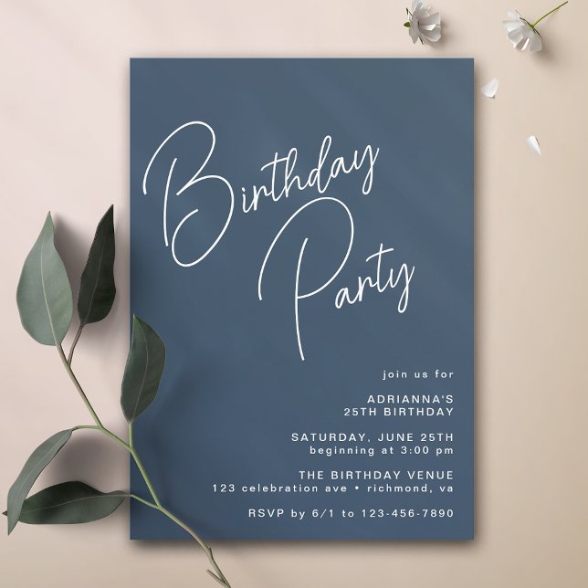Navy Blue Modern Casual Script Typography Birthday Invitation (Creator Uploaded)