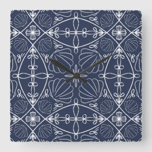 Navy Blue Modern Coastal Abstract Seashell Pattern Square Wall Clock