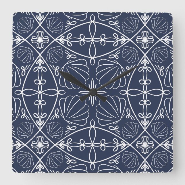 Navy Blue Modern Coastal Abstract Seashell Pattern Square Wall Clock (Front)
