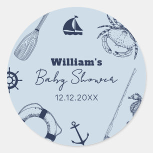 Navy Blue Modern Elegant Fishing Boy Baby Shower Classic Round Sticker