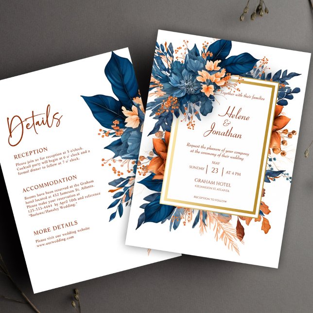 Navy Blue Modern Elegant Floral All In One Wedding Invitation (Navy Blue Modern Elegant Floral All In One Wedding Invitation)