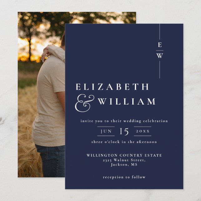 Navy Blue Modern Elegant Monogram Photo Wedding Invitation