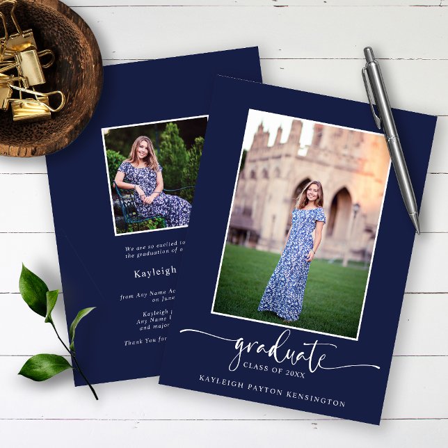 Navy Blue Modern Elegant Script Graduation Photo Announcement (Creator Uploaded)
