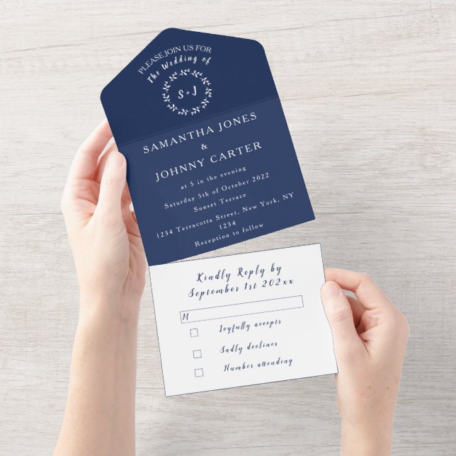 Navy Blue Modern Elegant Simple Wedding All In One Invitation (Tearaway)