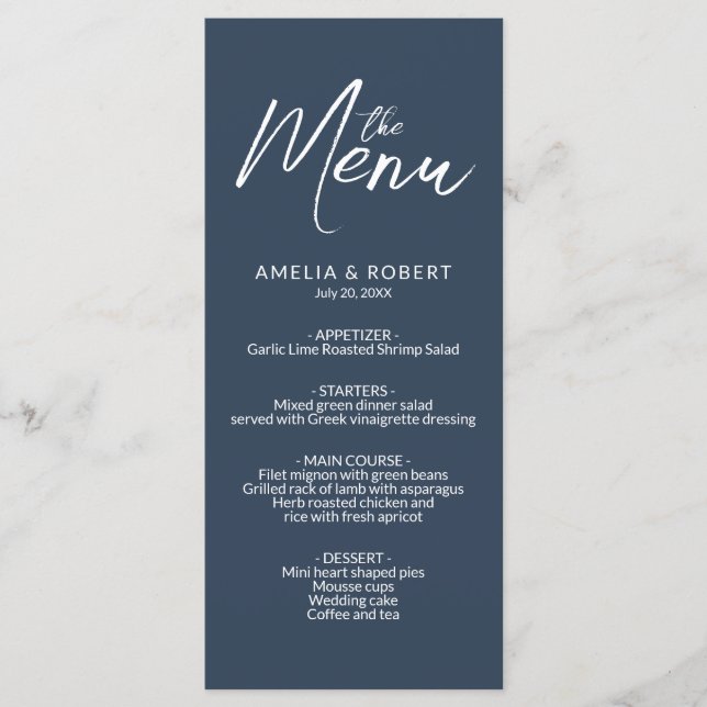 Navy Blue Modern Elegant Simple Wedding Menu  (Front)