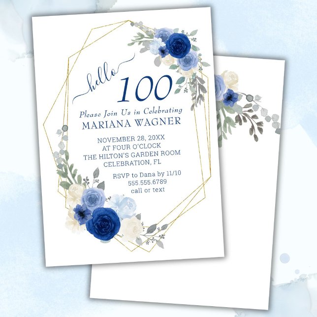 Navy Blue Modern Floral 100th Birthday Invitation (Creator Uploaded)