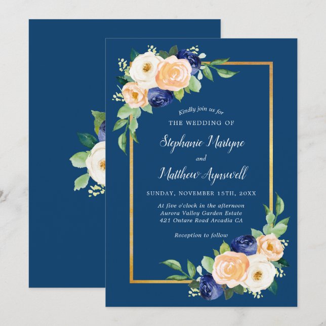Navy Blue Modern Floral Coral Wedding Invitation (Front/Back)