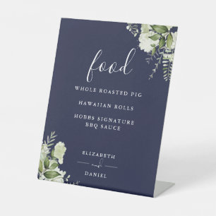 Navy Blue Modern Floral Greenery Food Menu Pedestal Sign