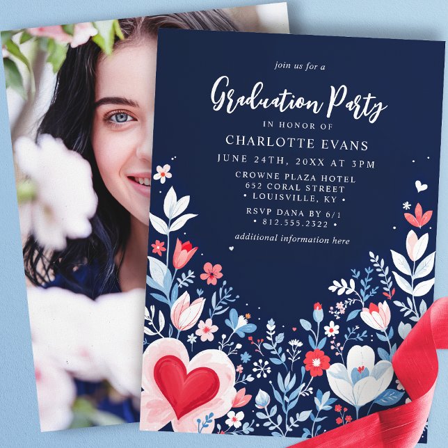 Navy Blue Modern Floral Nurse Heart Graduation Invitation (Creator Uploaded)