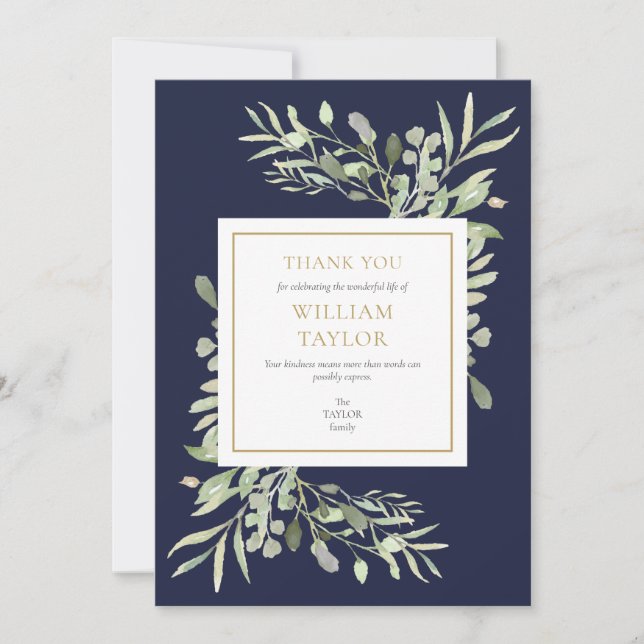 Navy Blue Modern Funeral Memorial Greenery Thank You Card (Front)