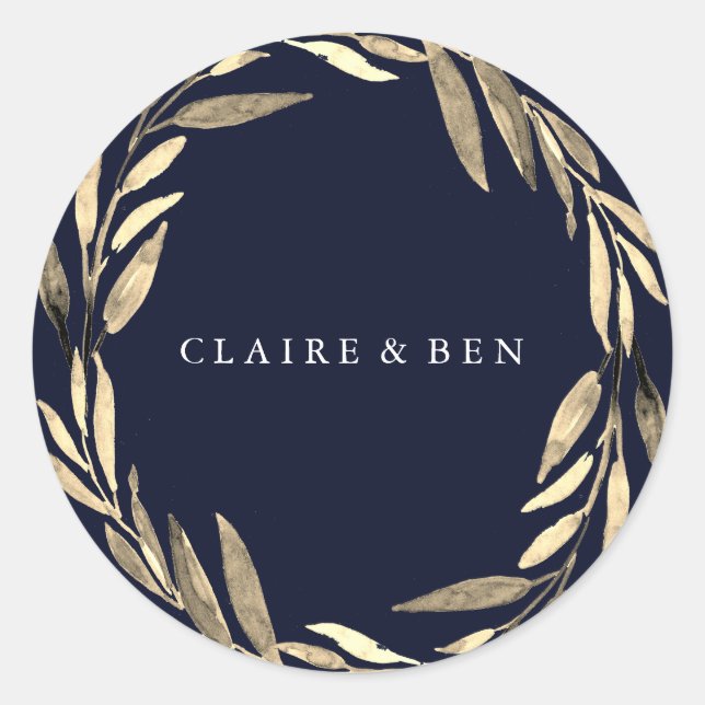 Navy Blue Modern Golden Leaf Wreath Wedding Classic Round Sticker (Front)