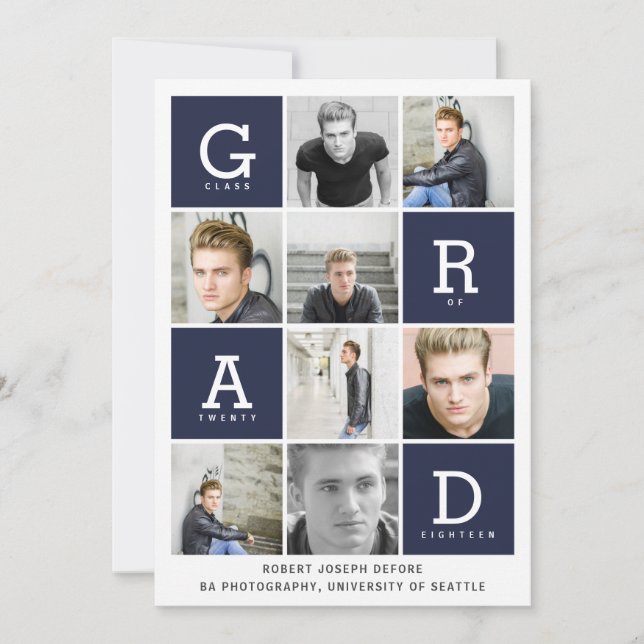 Navy blue modern graphic photo collage graduation announcement (Front)