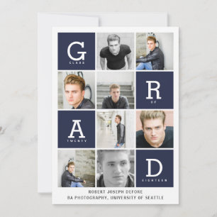 Navy blue modern graphic photo collage graduation announcement