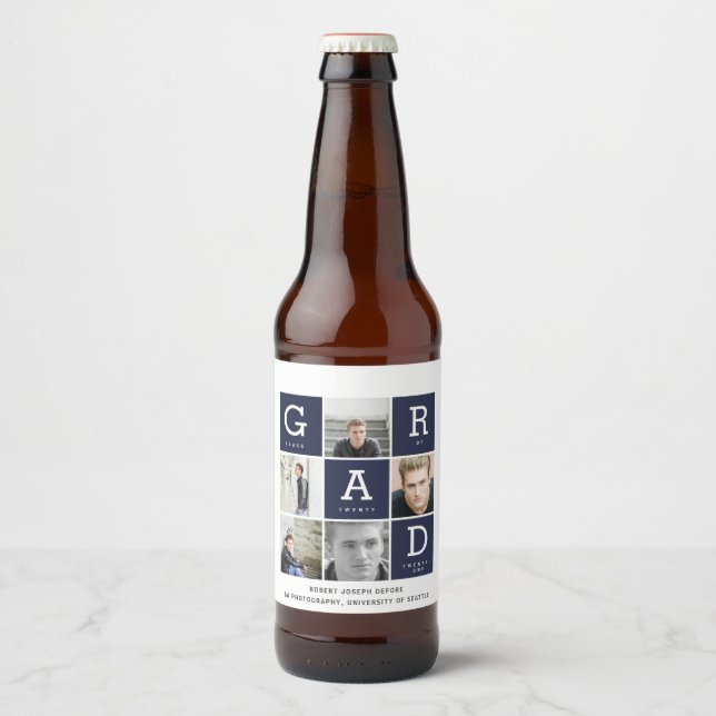 Navy blue modern graphic photo collage graduation  beer bottle label (Front)