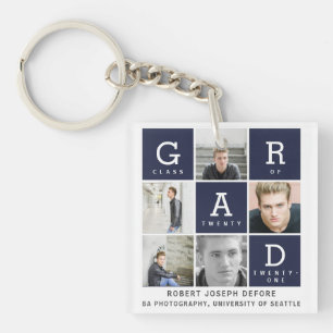 Navy blue modern graphic photo collage graduation  key ring
