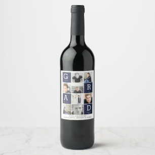 Navy blue modern graphic photo collage graduation wine label