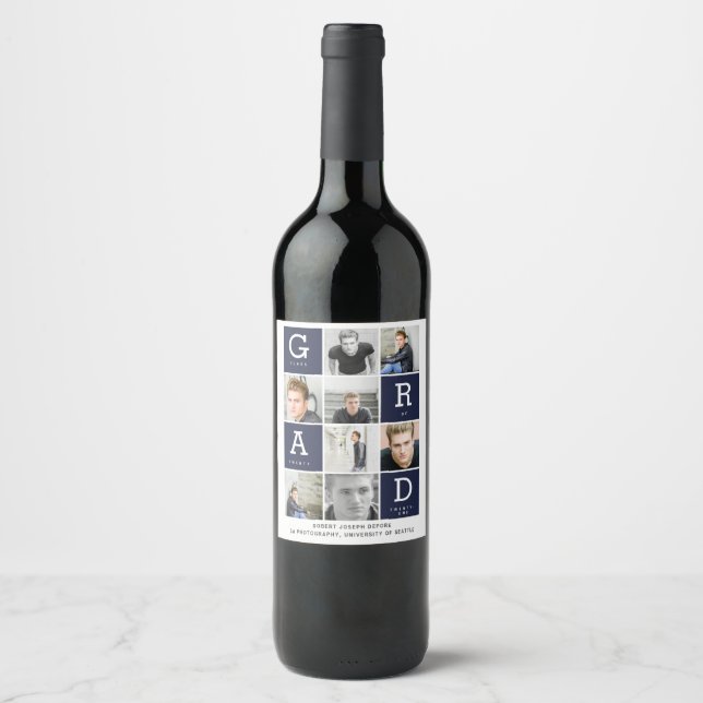 Navy blue modern graphic photo collage graduation  wine label (Front)
