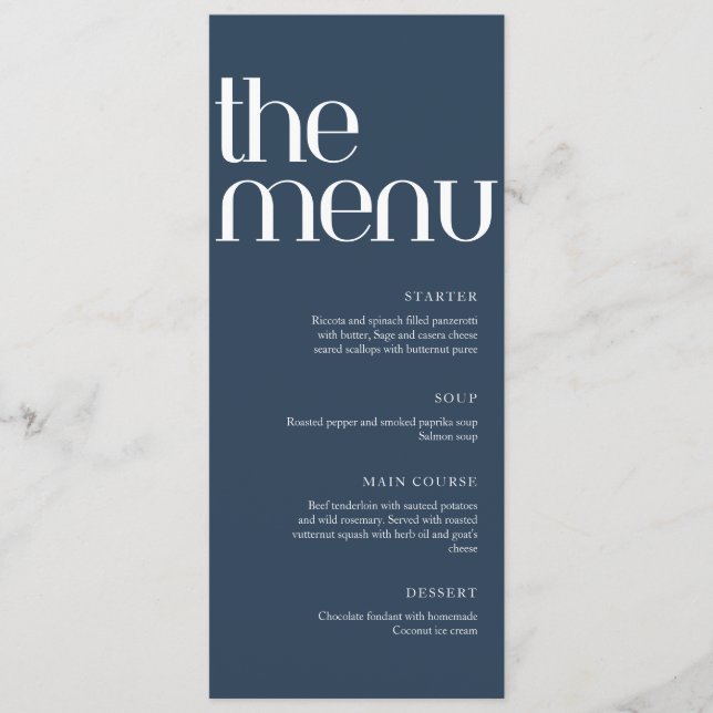 Navy Blue Modern Handwriting Wedding Dinner  Menu (Front)