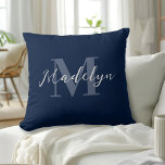 Navy Blue Modern Initial Name Monogram Cushion<br><div class="desc">This throw pillow allows you to add a special touch to your décor by personalising it with your name and initial. The chic script font and eye-catching navy blue colour create a statement piece that's both stylish and comfy.</div>