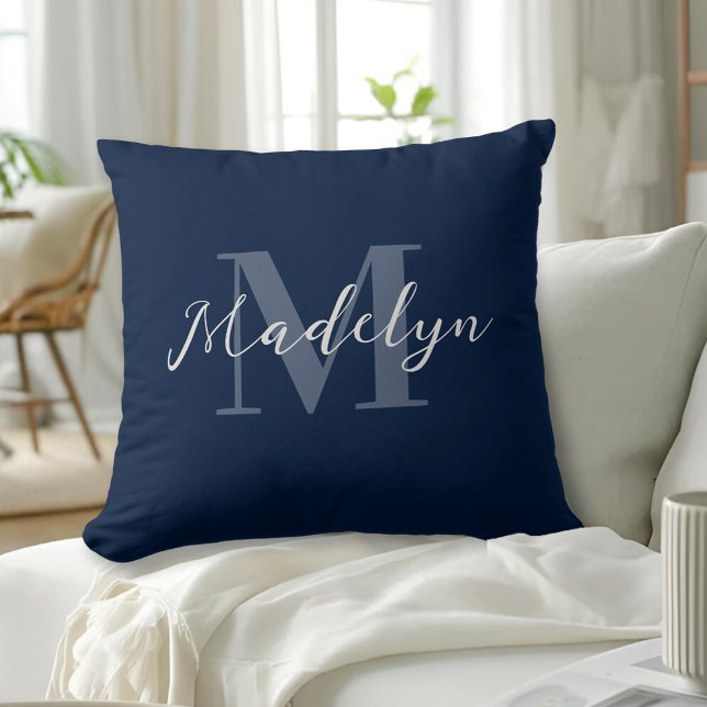 Navy Blue Modern Initial Name Monogram Cushion (Creator Uploaded)
