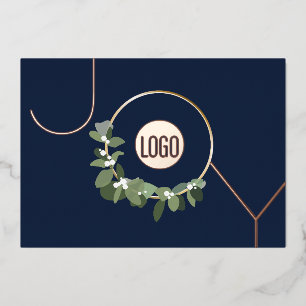 Navy Blue Modern JOY Corporate logo message Foil Holiday Card