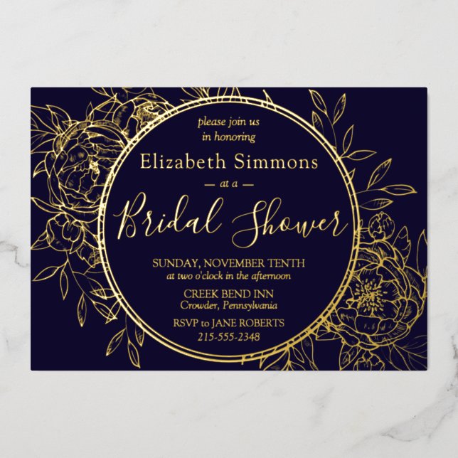 Navy Blue Modern Line Peony Toile Bridal Shower (Front)