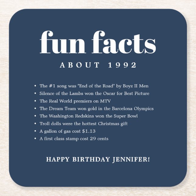 Navy Blue Modern Minimal Fun Facts Birthday Year Square Paper Coaster (Front)