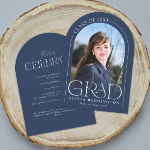 Navy Blue Modern Minimal Photo Arch Grad Party Invitation