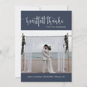 Navy Blue Modern Minimal Script Wedding Photo Flat Thank You Card