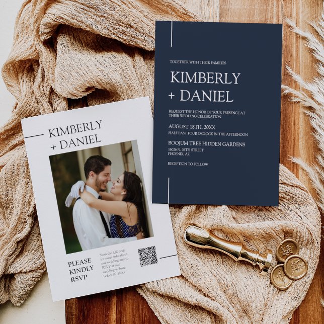 Navy Blue Modern Minimal Wedding QR Code Photo Invitation (Creator Uploaded)