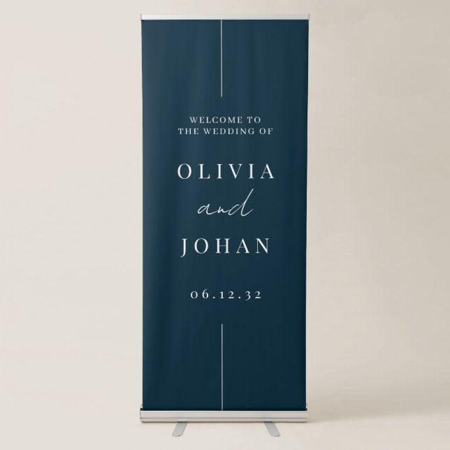 Navy Blue Modern Minimal Wedding Welcome Retractable Banner (Front)