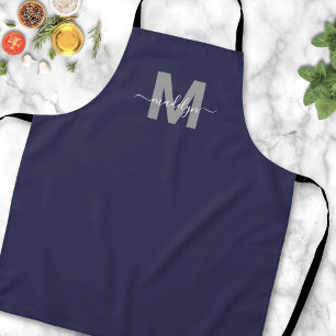 Navy Blue Modern Minimalist Elegant Monogram Apron