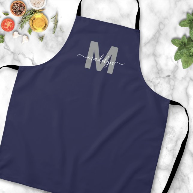 Navy Blue Modern Minimalist Elegant Monogram Apron (Navy Blue Modern Minimalist Elegant Monogram Apron )