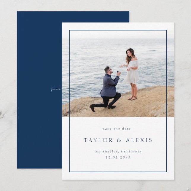 Navy Blue Modern Minimalist Frame Photo Save The Date (Front/Back)