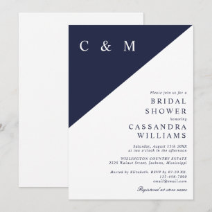 Navy Blue Modern Minimalist Monogram Bridal Shower Invitation