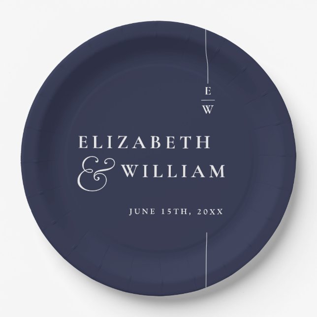 Navy Blue Modern Minimalist Monogram Wedding Paper Plate (Front)