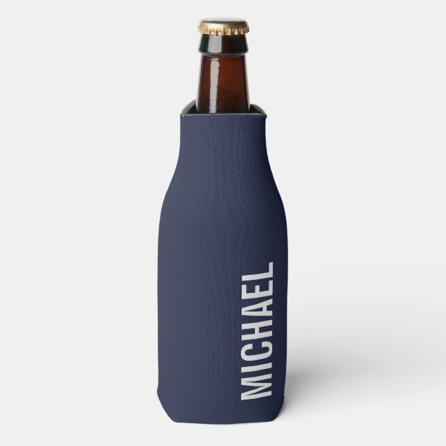 Navy Blue Modern Minimalist Personalised Name Bottle Cooler (Bottle Front)