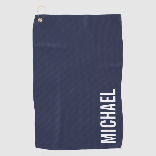 Navy Blue Modern Minimalist Personalised Name Golf Towel (Front)
