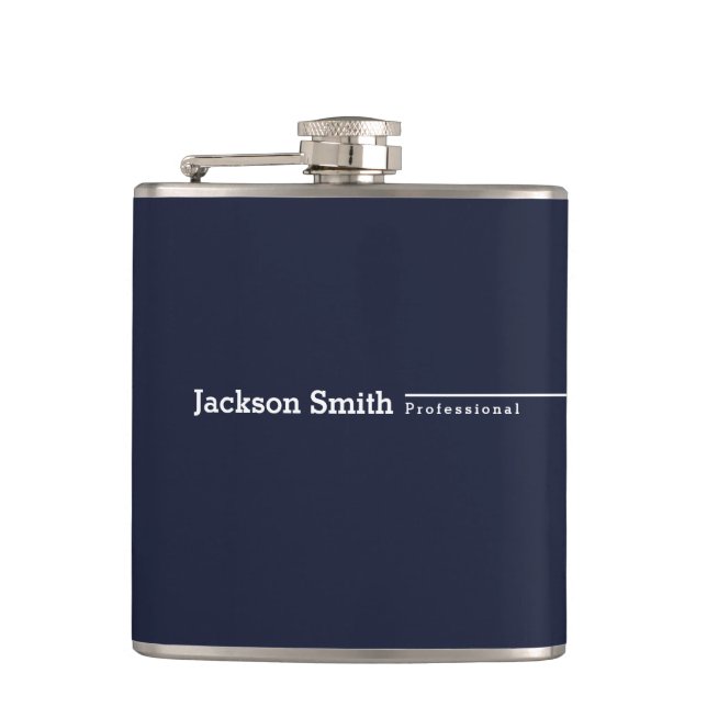 Navy blue modern minimalist personalised name hip flask (Front)