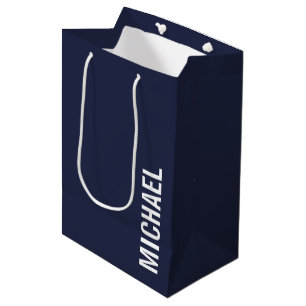 Navy Blue Modern Minimalist Personalised Name Medium Gift Bag