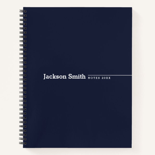 Navy blue modern minimalist personalised name notebook (Front)