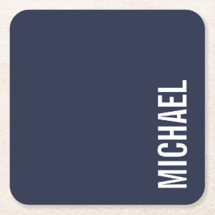 Navy Blue Modern Minimalist Personalized Name Square Paper Coaster