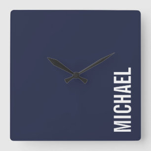 Navy Blue Modern Minimalist Personalized Name Square Wall Clock