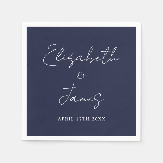 Navy Blue Modern Minimalist Script Wedding Napkin (Front)