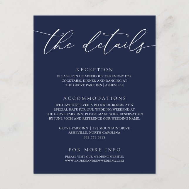 Navy Blue Modern Minimalist Wedding Enclosure Card (Front)