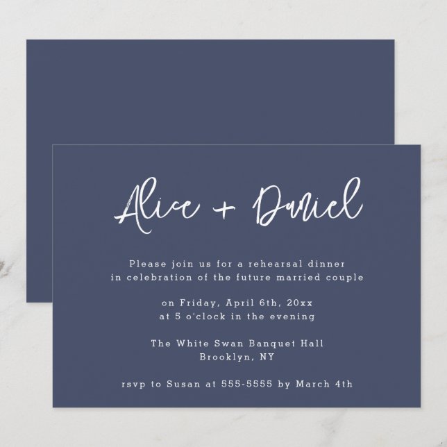 Navy Blue Modern Names Rehearsal Dinner Invitation (Front/Back)