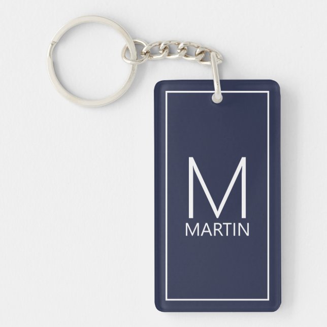 Navy Blue Modern Personalised Monogram and Name Key Ring (Front)